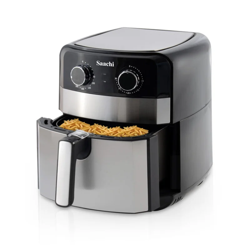 Saachi air fryer NL-AF-4778-BK in black and silver with variable temperature control for healthy cookingقلاية هوائية Saachi موديل NL-AF-4778-BK باللون الأسود والفضي للتحكم بدرجة الحرارة والطبخ الصحي
