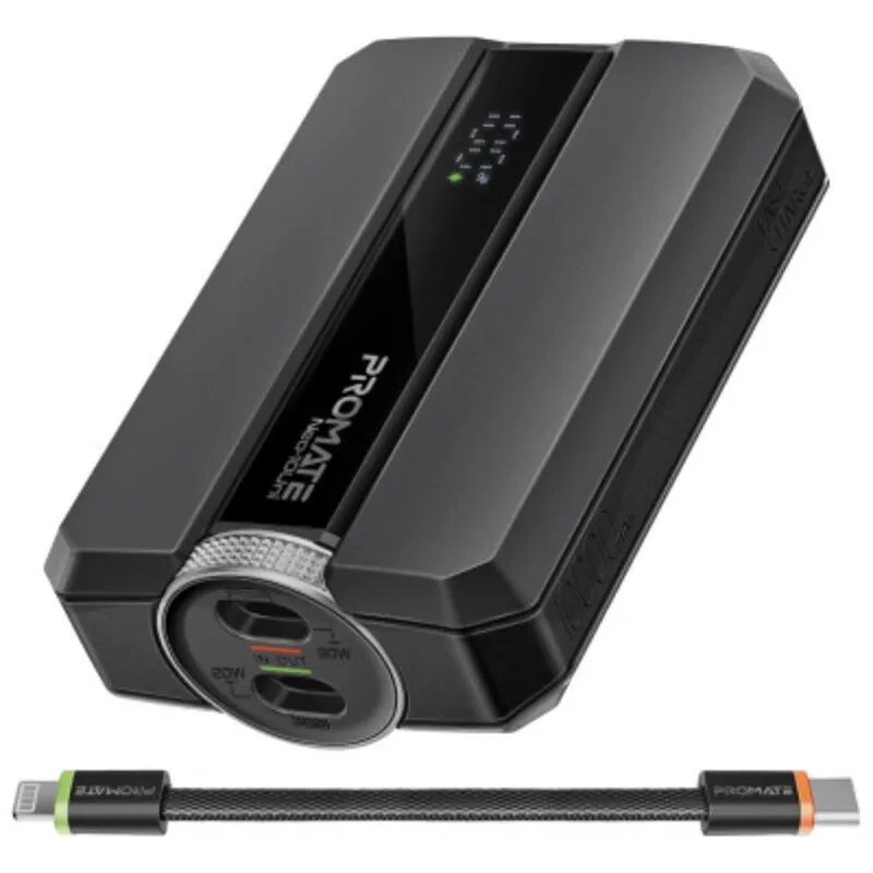 Promate Neo-10Uni 10000mAh Power Bank with 30W Fast Charging, Built-in Cable and LED Displayبطارية متنقلة بروميت Neo-10Uni شحن سريع 30W مع شاشة LED وكابل مدمج