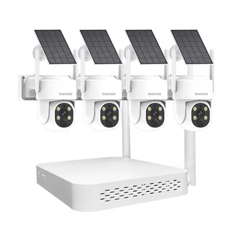 Wireless outdoor solar CCTV system with 4 PTZ 2K cameras and Mini Wifi NVRنظام مراقبة خارجي لاسلكي يعمل بالطاقة الشمسية مع 4 كاميرات متحركة 2K ومسجل فيديو NVR