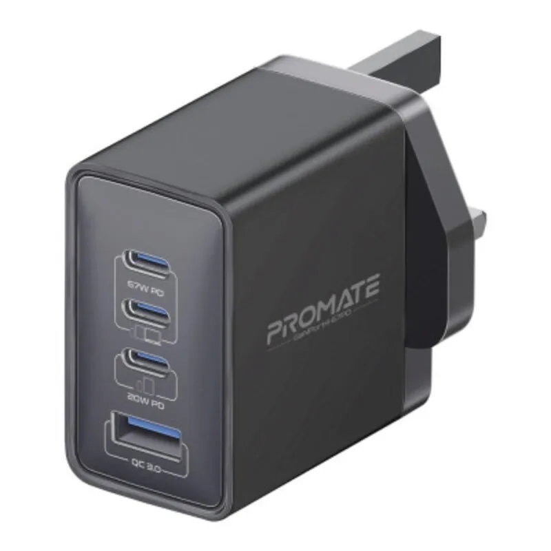 Promate GaNPort4-67PD 67W Wall Charger – Multiport Fast Charging & Safe Designشاحن بروميت GaNPort4-67PD – شحن جداري 67 واط سريع وآمن لجميع أجهزتك