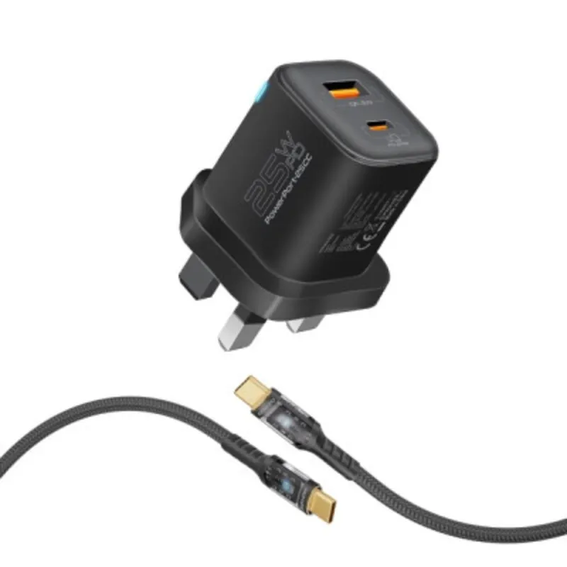Promate PowerPort-25CC Dual Fast Charger | 25W PD + QC 3.0 with Transparent USB-C Cableشاحن بروميت PowerPort-25CC بمنفذين PD وQC مع كابل USB-C شفاف 60 واط