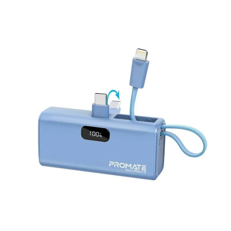 Promate NanoPack-5 – Mini 5000mAh Power Bank with 20W Fast Charging | Compact USB-C & Lightning Chargerبروميت NanoPack-5 – بطارية متنقلة صغيرة 5000mAh مع شحن سريع 20 واط | باور بانك للآيفون والأندرويد