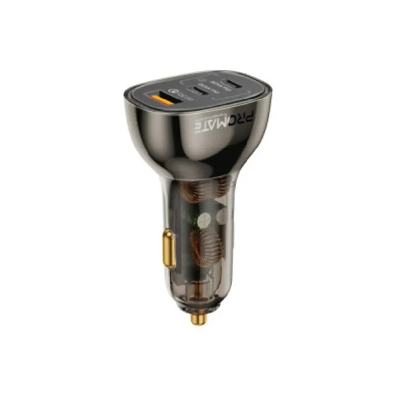 Promate TransDrive-80W 80W Dual USB-C + QC3.0 Car Charger Transparentشاحن سيارة TransDrive-80W بسرعة 80 واط – منافذ USB-C مزدوجة + QC3.0