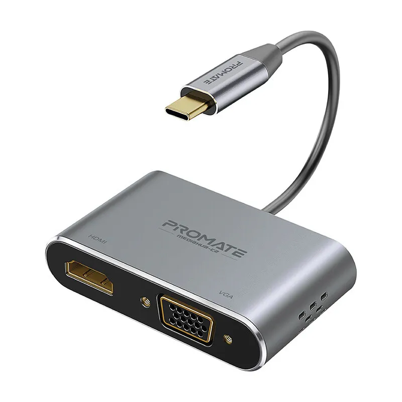 Promate MediaHub-C2 USB-C to HDMI/VGA 4K30Hz AdapterMediaHub-C2 محول USB-C إلى HDMI/VGA 4K و1080p