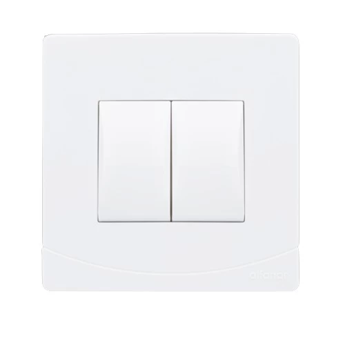 10 Amp dual electric switch with white metal frame 7×7 cmمفتاح كهرباء مزدوج 10 أمبير إطار معدني أبيض بقياس 7×7 سم